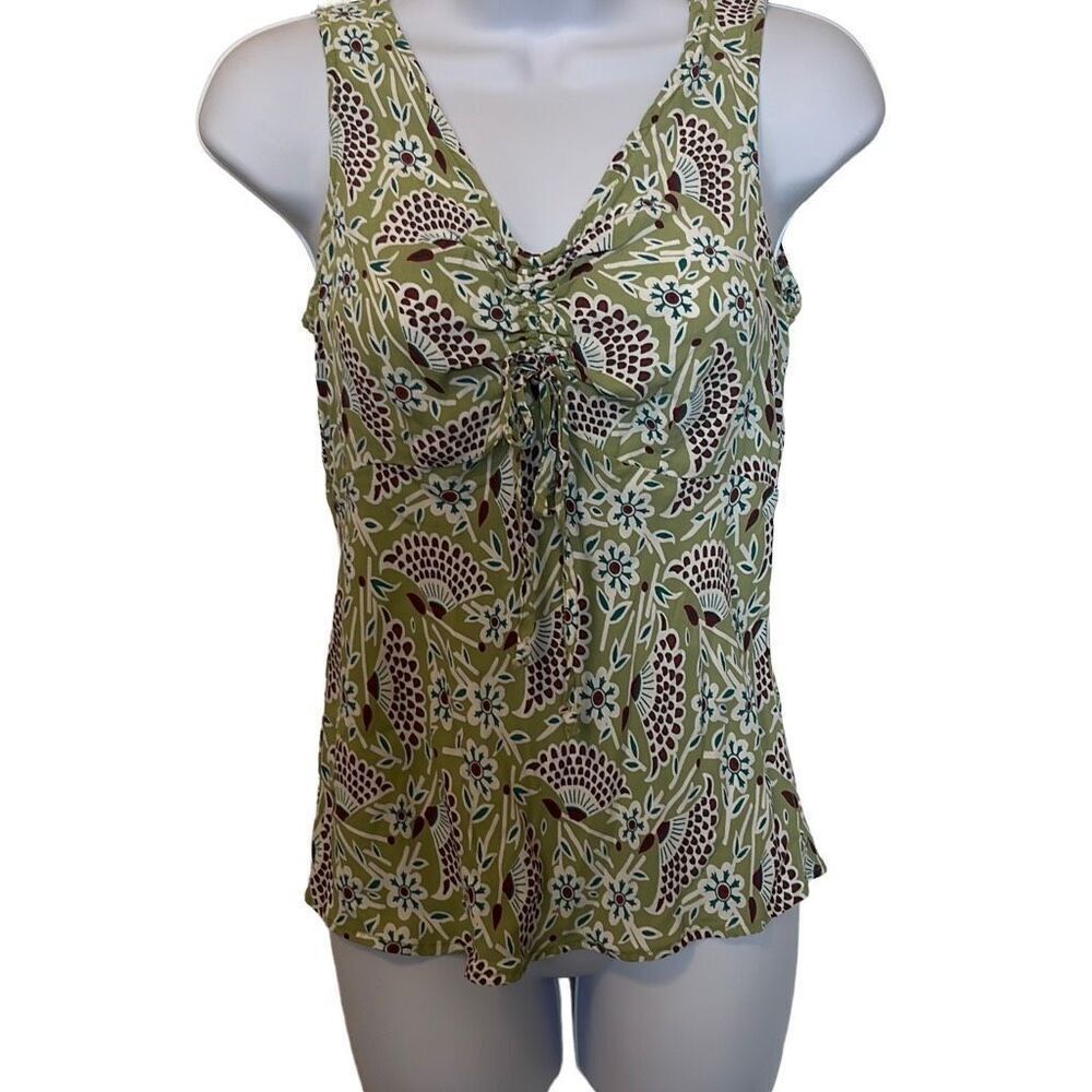 Loco Lindo Y2K Vintage Small Green Floral Silky‎ Ruched Front Tie Blouse Top